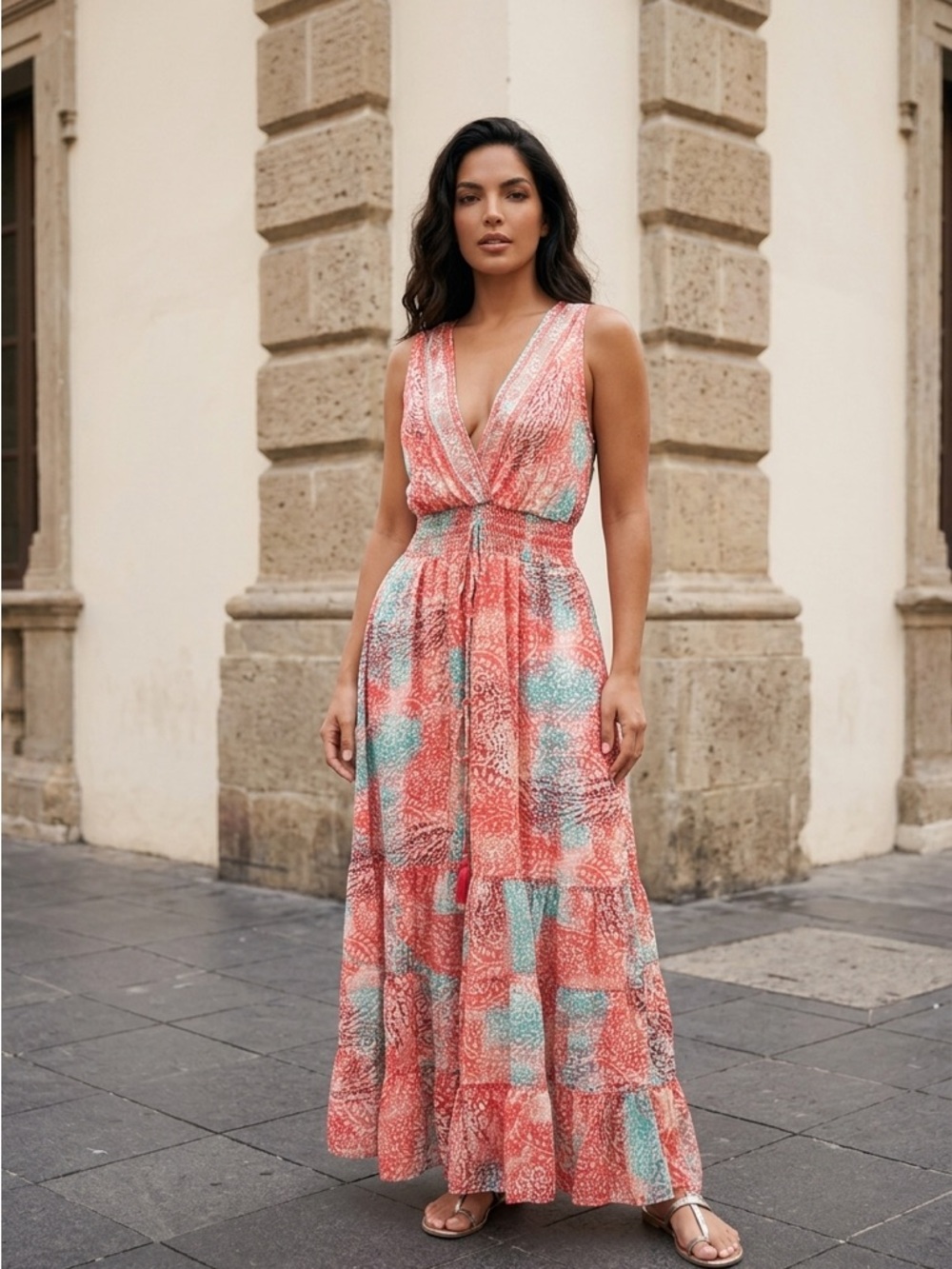 Sleeveless Coral & Teal Printed Maxi Dress with V-Neck